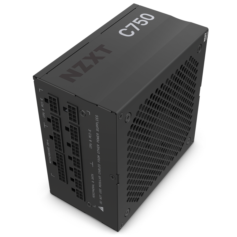 The NZXT C750 Gold is a black, modular computer power supply with ventilation holes on one side, the C750 label on top, delivers 750W of power, and supports Zero RPM Fan mode for silent operation.