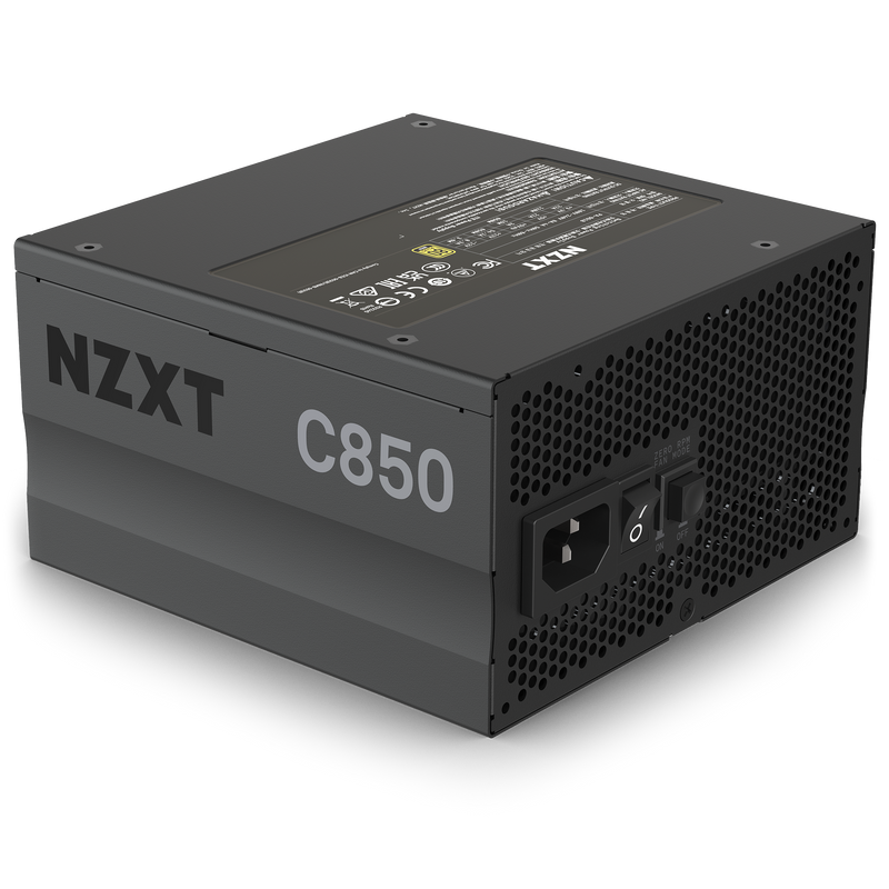 The NZXT C850 Gold (2022) is an 850-watt black modular PSU with vents, a power switch, and a power socket on one side, plus branding and technical specs on top.