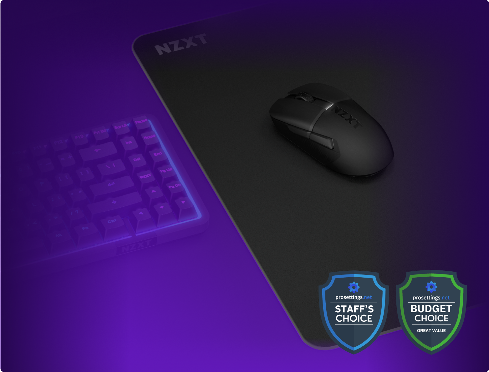 A black NZXT mouse and mouse pad sit next to a glowing purple keyboard. Two award badges in the corner read Staffs Choice and Budget Choice. The scene is lit with a purple gradient background.