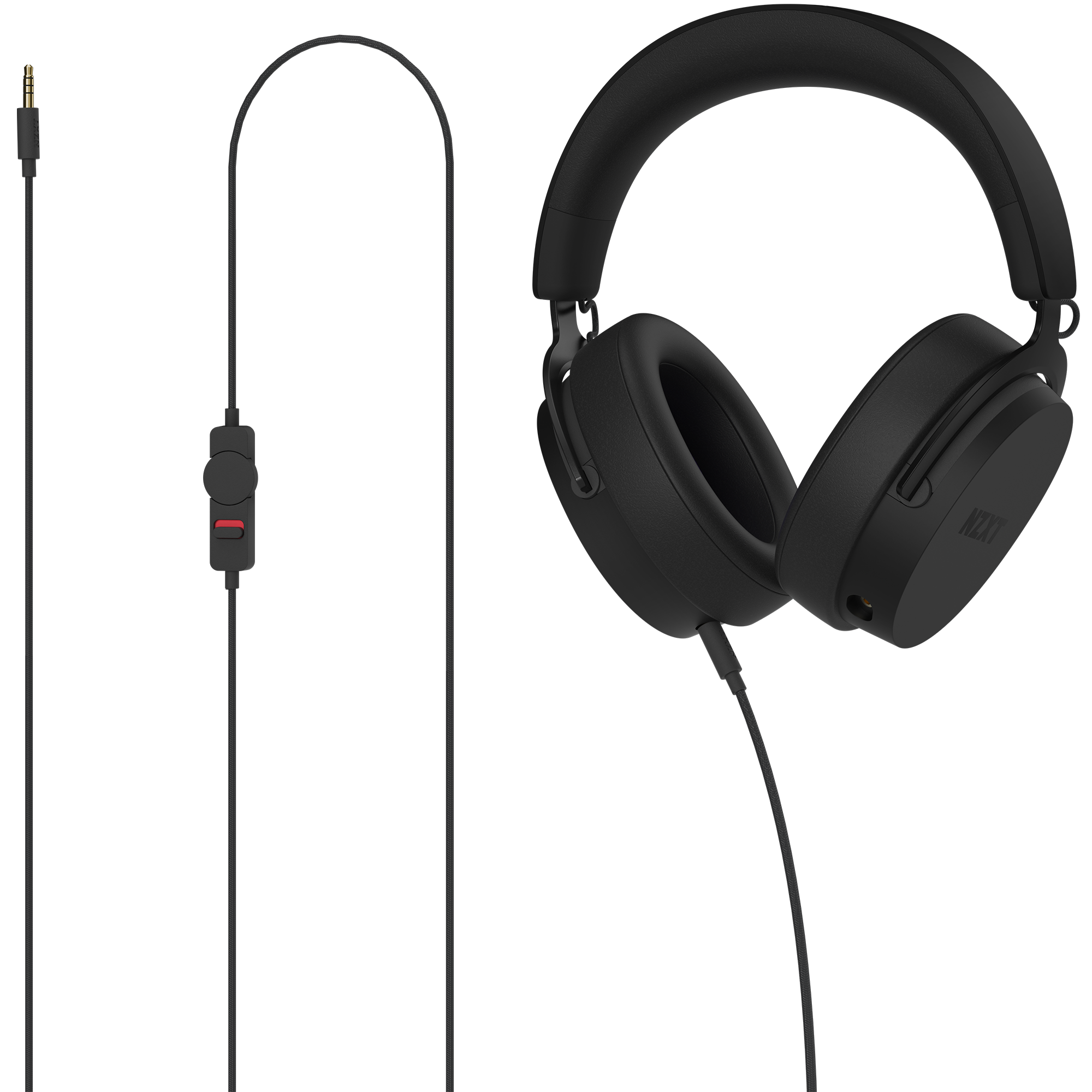 The NZXT Relay Headset features cushioned ear pads, a detachable audio cable with inline control, and a 3.5mm jack. Shown beside the headphones, it delivers immersive 3D spatial audio against a plain black background.