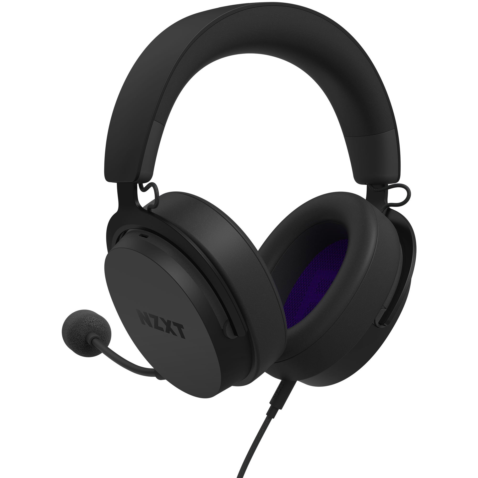 The NZXT Relay Headset is a black over-ear headset with a padded headband, attached boom mic, and NZXT branding on the ear cup, delivering Hi-Res Audio—all set against a black background.