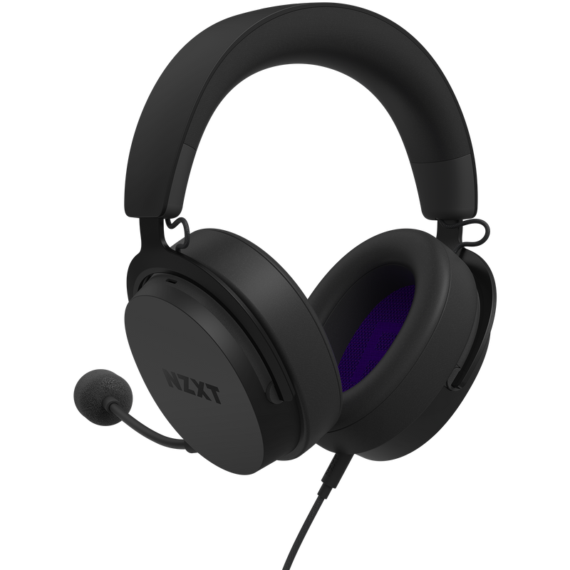 The NZXT Relay Headset is a black over-ear headset with a padded headband, attached boom mic, and NZXT branding on the ear cup, delivering Hi-Res Audio—all set against a black background.