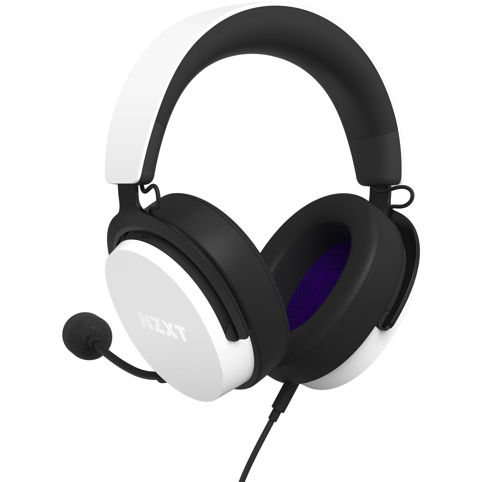 The NZXT Relay Headset is a black and white over-ear model with a built-in microphone, black ear cushions, a padded adjustable headband, and the NZXT logo on the ear cup. It supports Hi-Res Audio for immersive gaming sound.