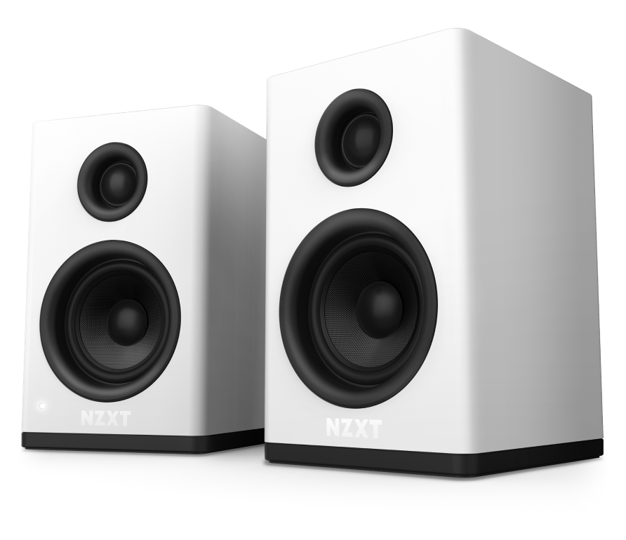 Two white NZXT desktop speakers with black circular drivers and tweeters, positioned side by side, angled slightly outward on a white background.