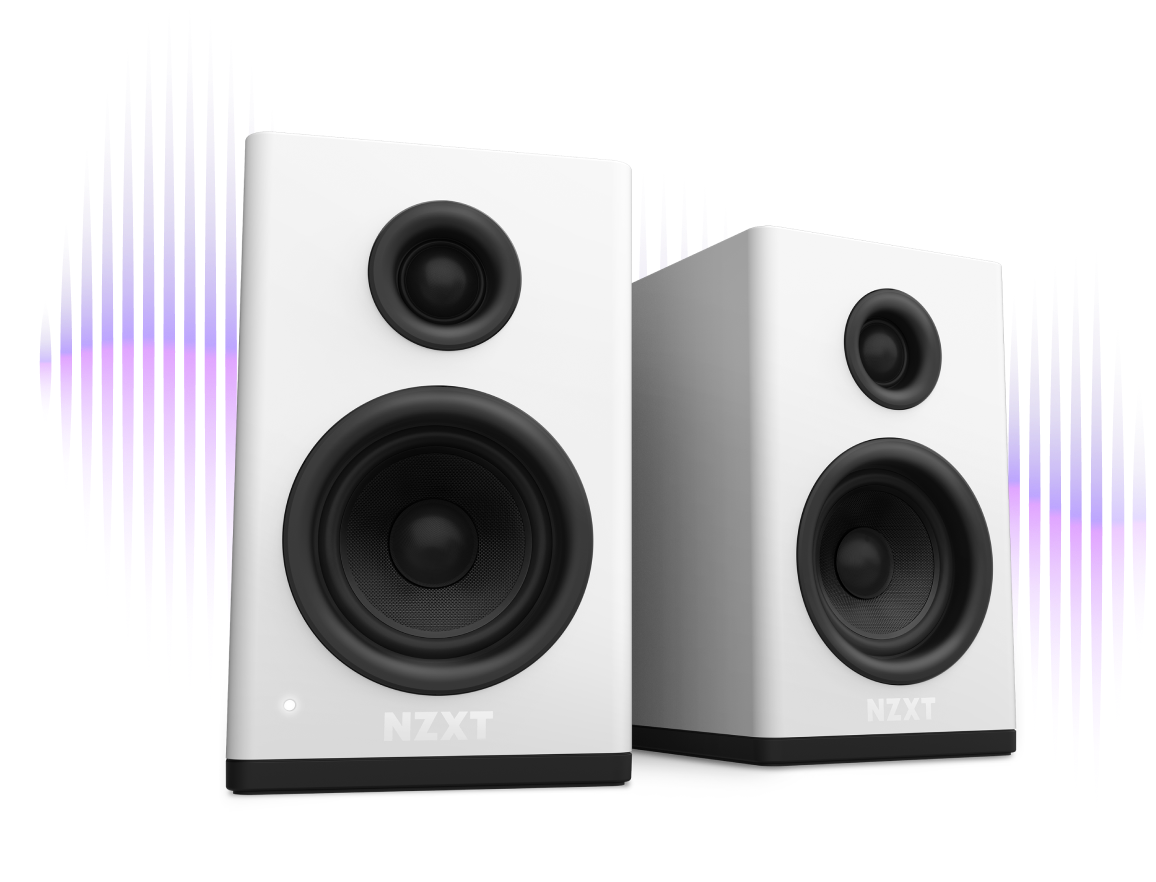 Two white NZXT speakers with black speaker cones are placed side by side. A purple and blue stylized sound wave graphic appears in the background.