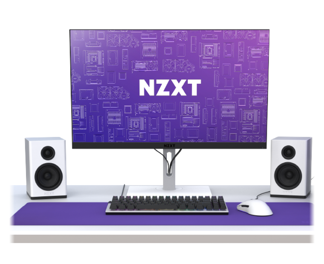 A minimalist computer setup featuring a widescreen monitor with NZXT on the screen, two white speakers, a mechanical keyboard, and a white mouse on a purple desk mat.