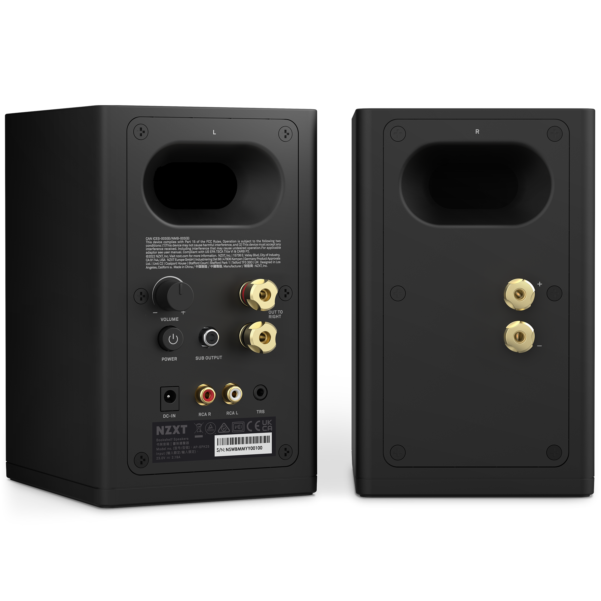 Two black NZXT Relay Speakers shown from the back. The left speaker offers versatile connectivity with ports and controls for volume, input, and output. The right features two gold-plated connectors. Both have circular openings.