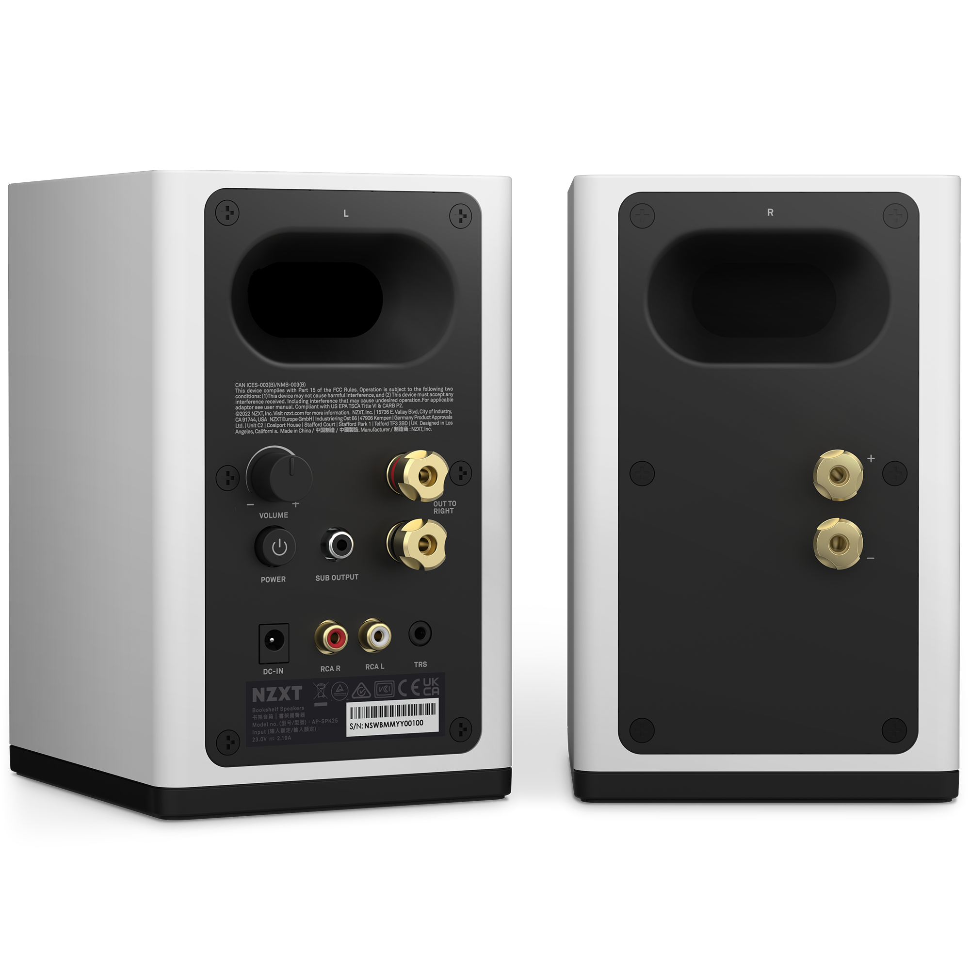 Two matte white NZXT Relay Speakers viewed from the back: the left speaker offers versatile connectivity with multiple input ports, controls, and switches; the right features dual gold-plated binding posts and a large port.