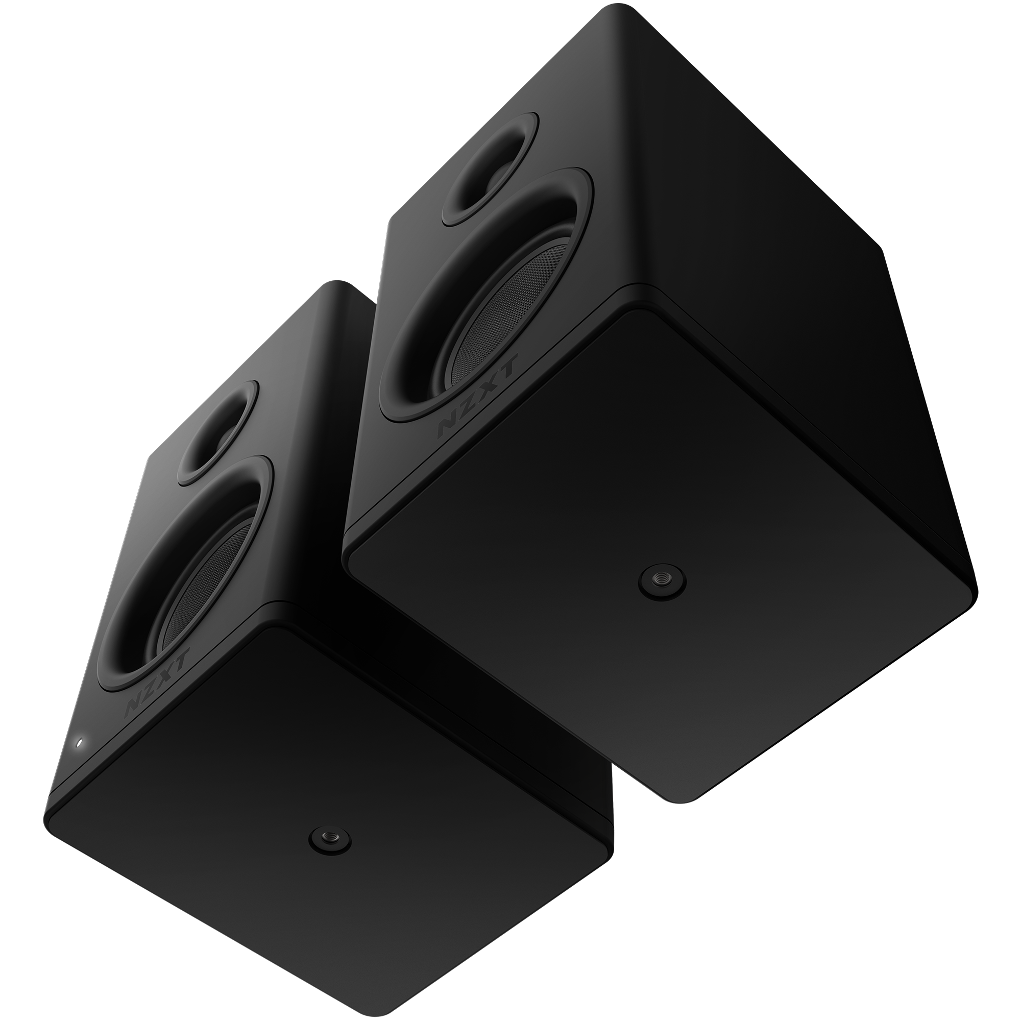 Two black, cube-shaped NZXT Relay Speakers with glass fiber woofers and silk dome tweeters are set at an upward angle on a black background.