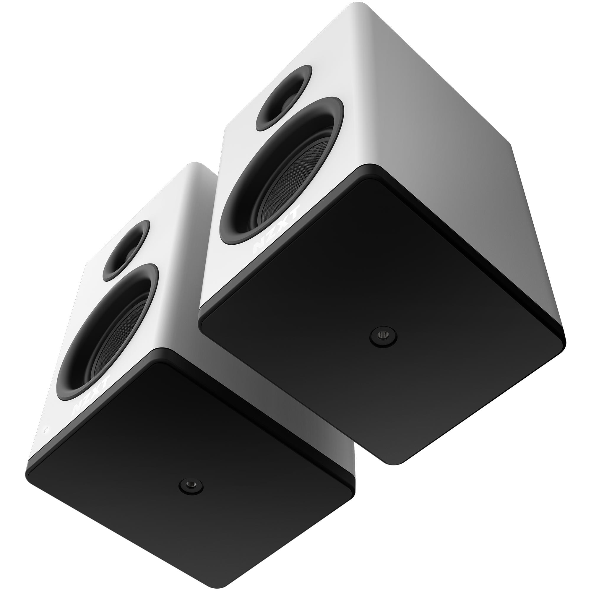 A pair of NZXT Relay Speakers features a modern rectangular design in white with black fronts and glass fiber woofers, shown from a low angle against a black background.