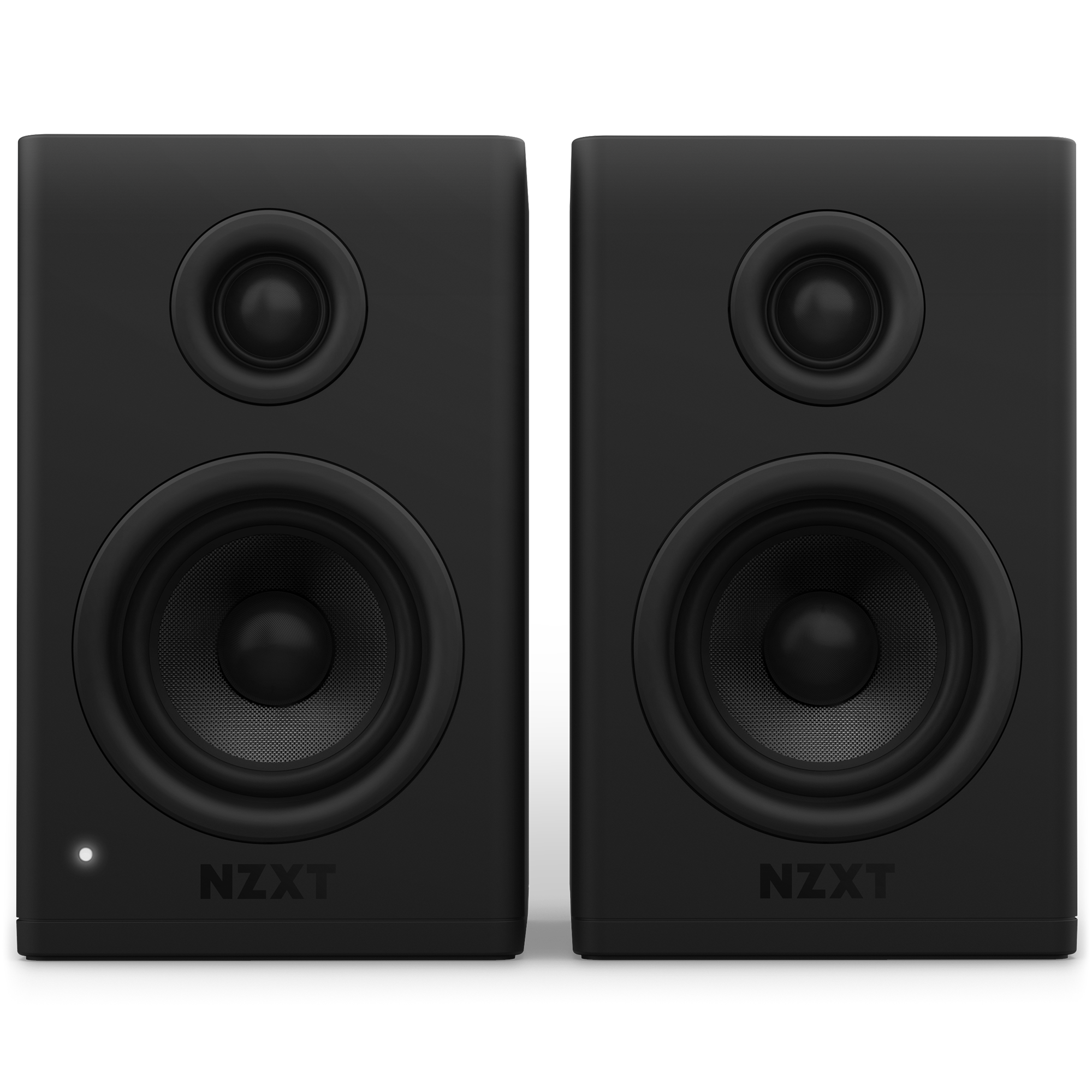 Two black NZXT Relay Speakers with glass fiber woofers and silk dome tweeters are placed side by side. The left speaker features a small white indicator light at the bottom.