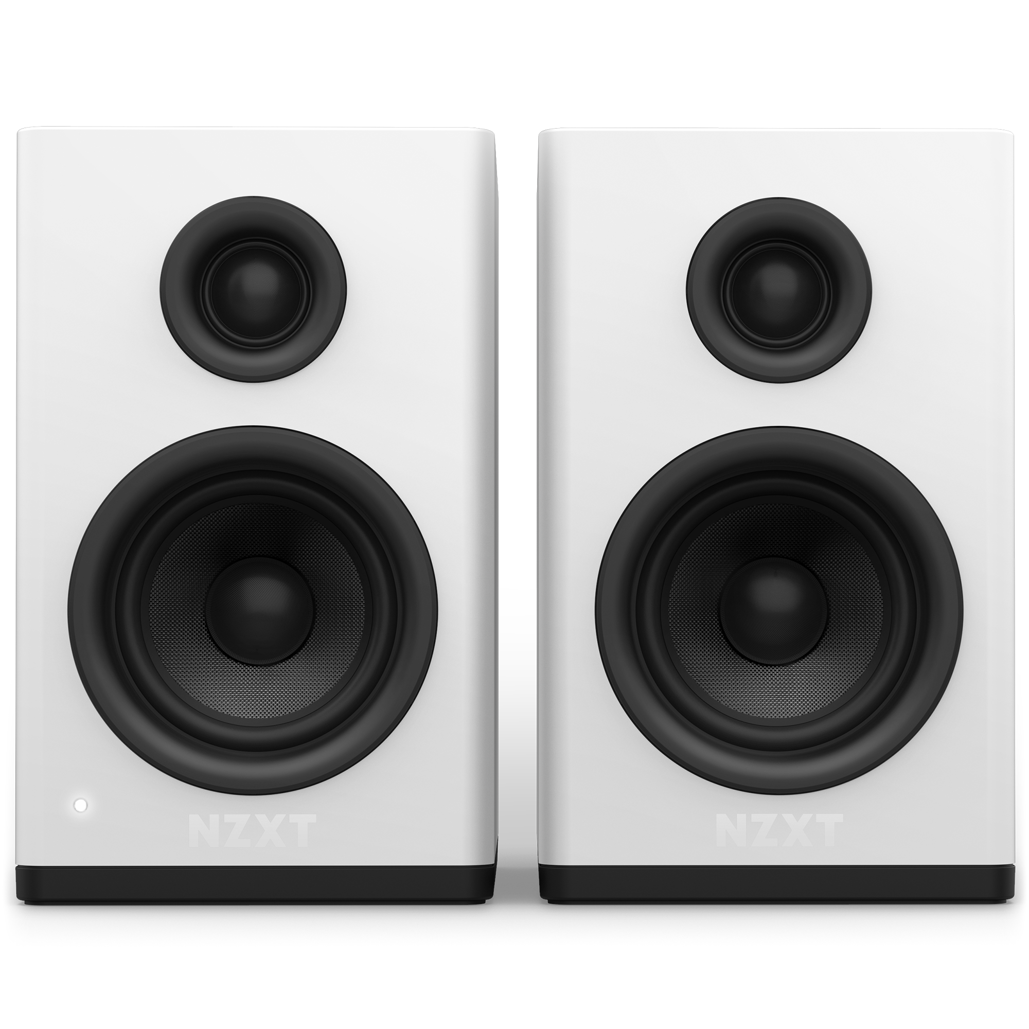 Two NZXT Relay Speakers with black circular cones and versatile connectivity are side by side on a plain background. Each features a large glass fiber woofer and a smaller tweeter above.