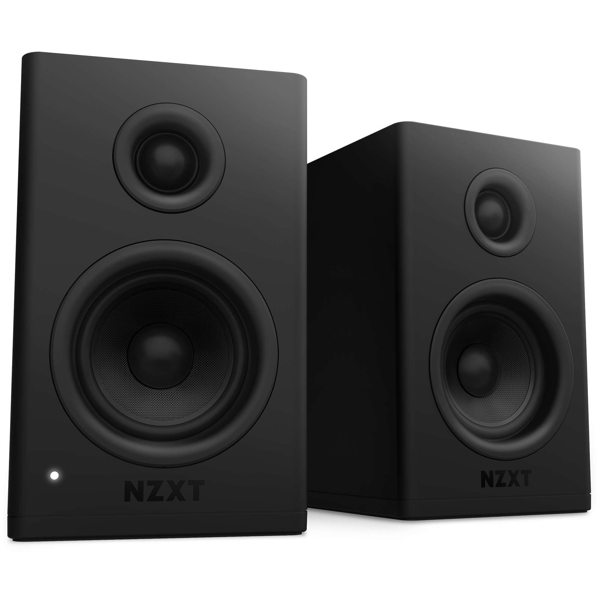 Two black NZXT Relay Speakers featuring circular glass fiber woofers are placed side by side on a black background. One speaker displays a small white indicator light at its bottom left corner.