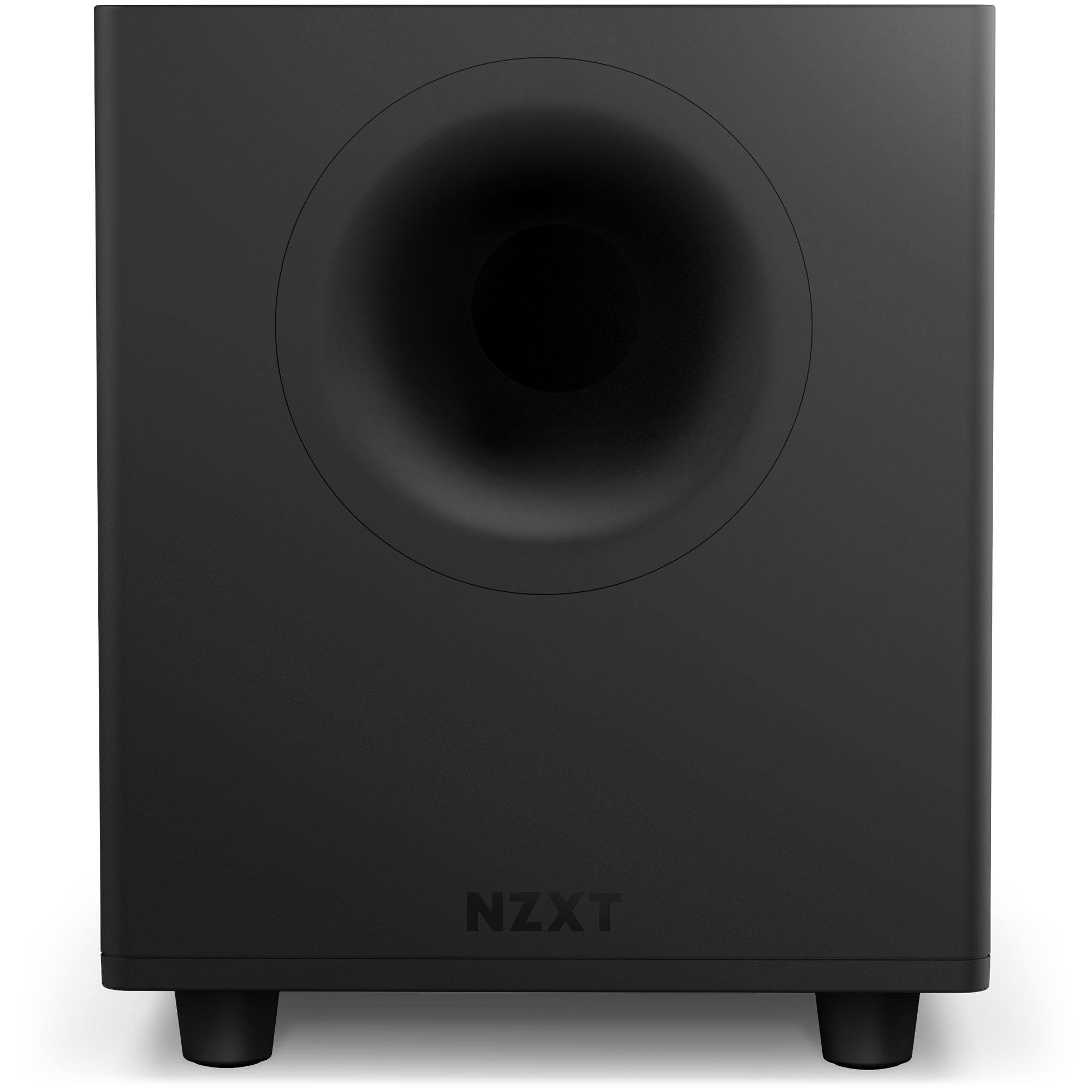 Front view of the black NZXT Relay Subwoofer from the Relay Speakers + Relay Subwoofer set, featuring a circular port at the top center and NZXT logo below, delivering deep bass with 140W power.