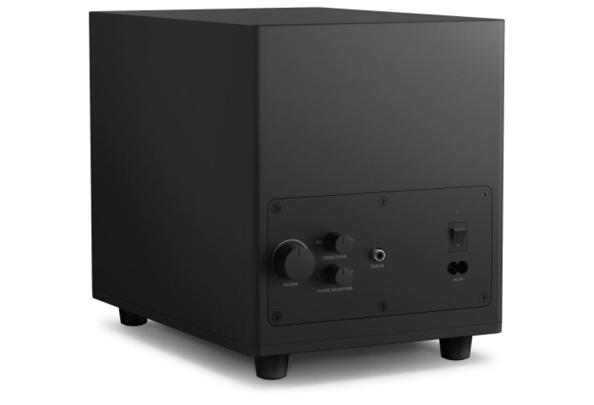 The NZXT Relay Subwoofer, part of the Relay Speakers + Relay Subwoofer set, is shown from the back with control knobs for volume and crossover, phase switch, audio input port, power switch, AC inlet, 140W power and a boxy design with four feet.