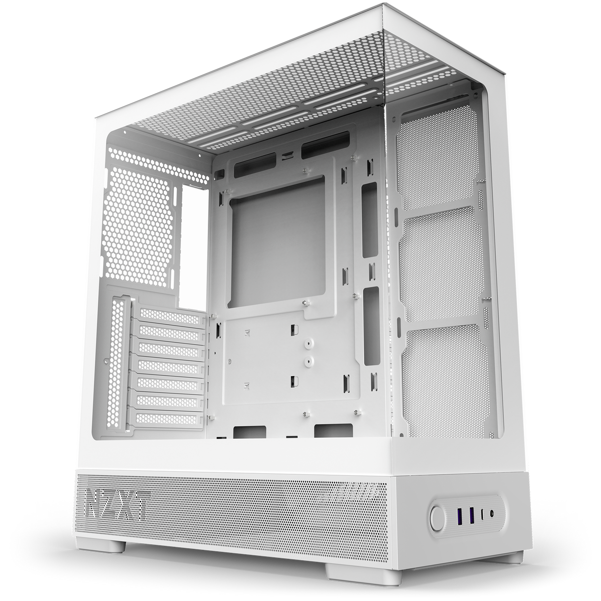 NZXT S5 RGB Deluxe white, hero angle of the bare steel chassis and dual tempered glass