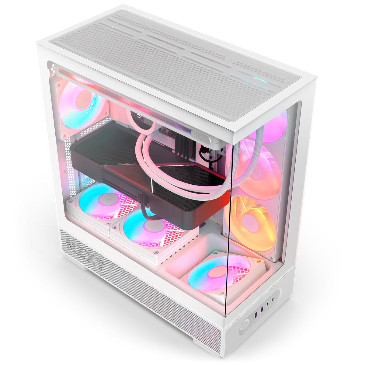NZXT S5 RGB Deluxe white, overhead view of a completed build, with an AIO cooler and graphics card installed behind the panoramic glass. Components other than the case and its five pre-installed RGB fans are sold separately.