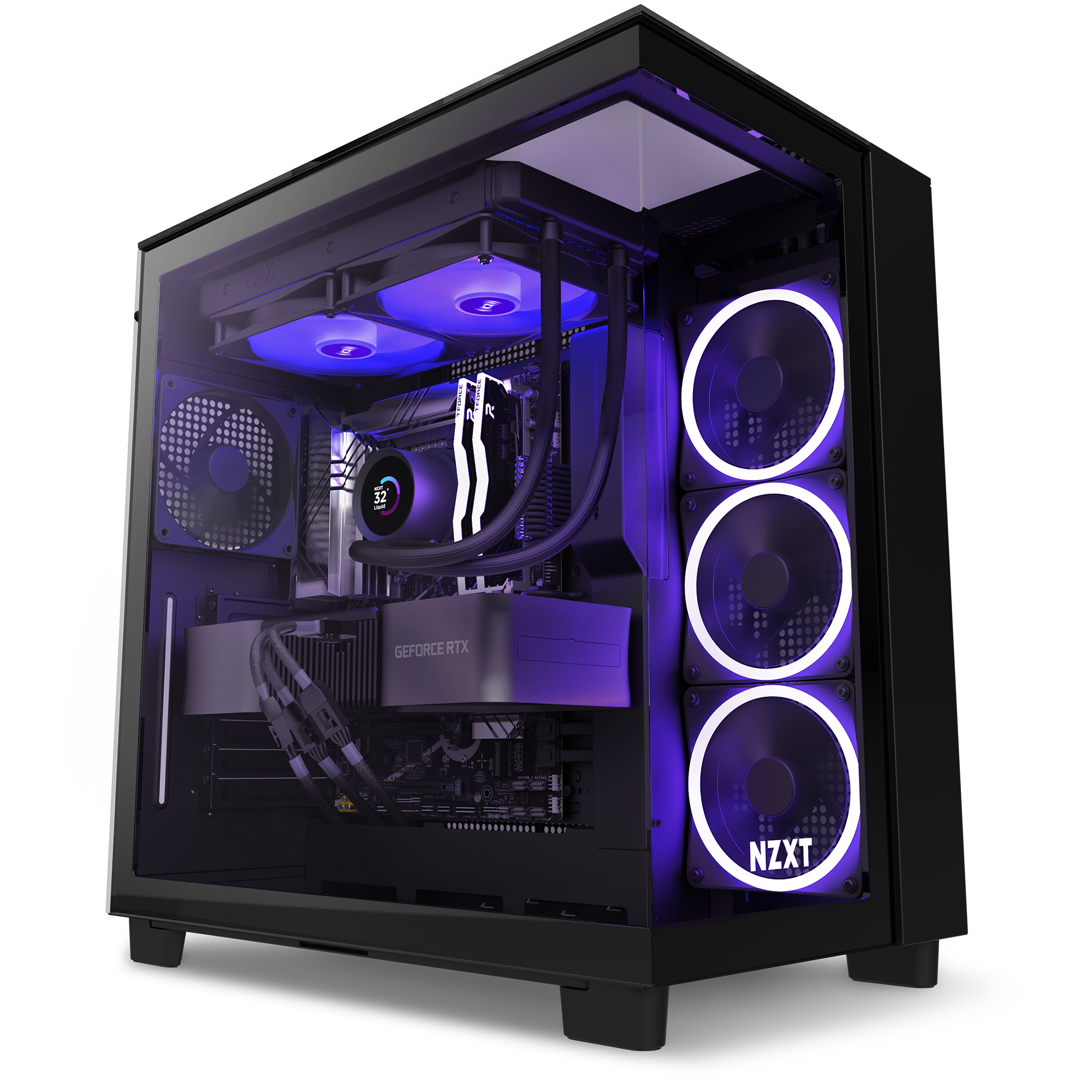 The NZXT Refurbished Player Three Prime - #8614 is a sleek black gaming PC with a tempered glass side panel, RGB-lit fans, liquid cooling, and visible GeForce RTX GPU. Its purple and white interior lighting makes it a standout for refurbished builds.