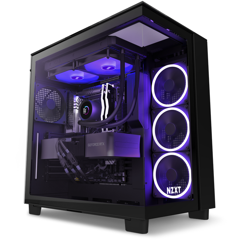 The NZXT Refurbished Custom Build #8477 is a high-end prebuilt gaming PC with a transparent side panel, RGB-lit fans, an NZXT liquid cooler, GeForce RTX graphics card in purple lighting, and includes a 2-year warranty.