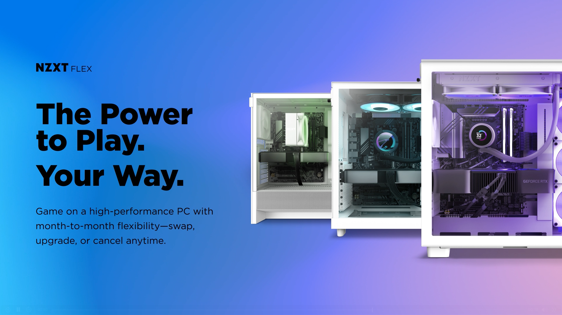 Three white high-performance gaming PCs with glowing interior lights are displayed side by side on a blue and purple gradient background. Text reads: The Power to Play. Your Way. Game on a high-performance PC with month-to-month flexibility.