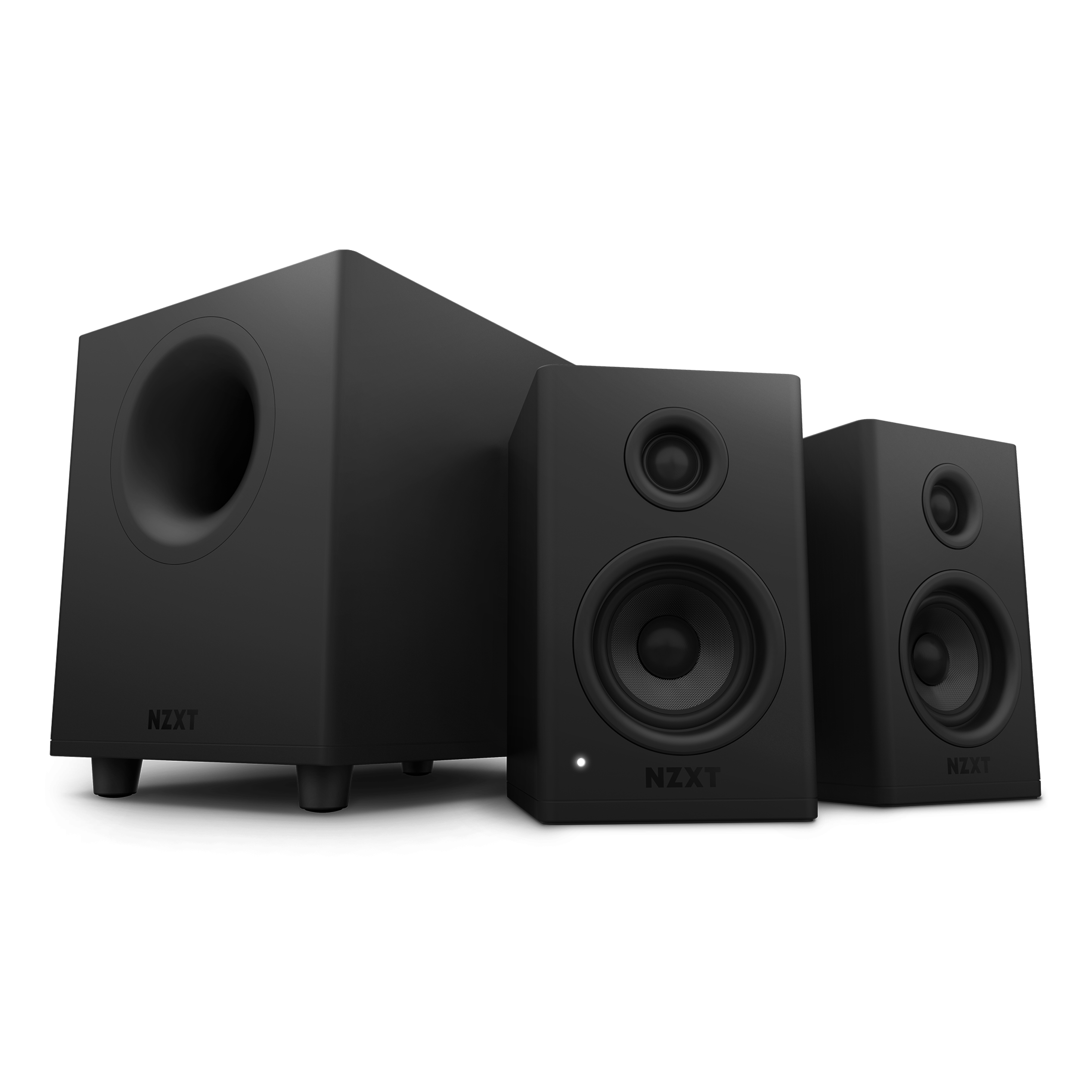 The NZXT Relay Speakers + Relay Subwoofer set features a black subwoofer and two satellite speakers, side by side, delivering 140W of power against a plain background.