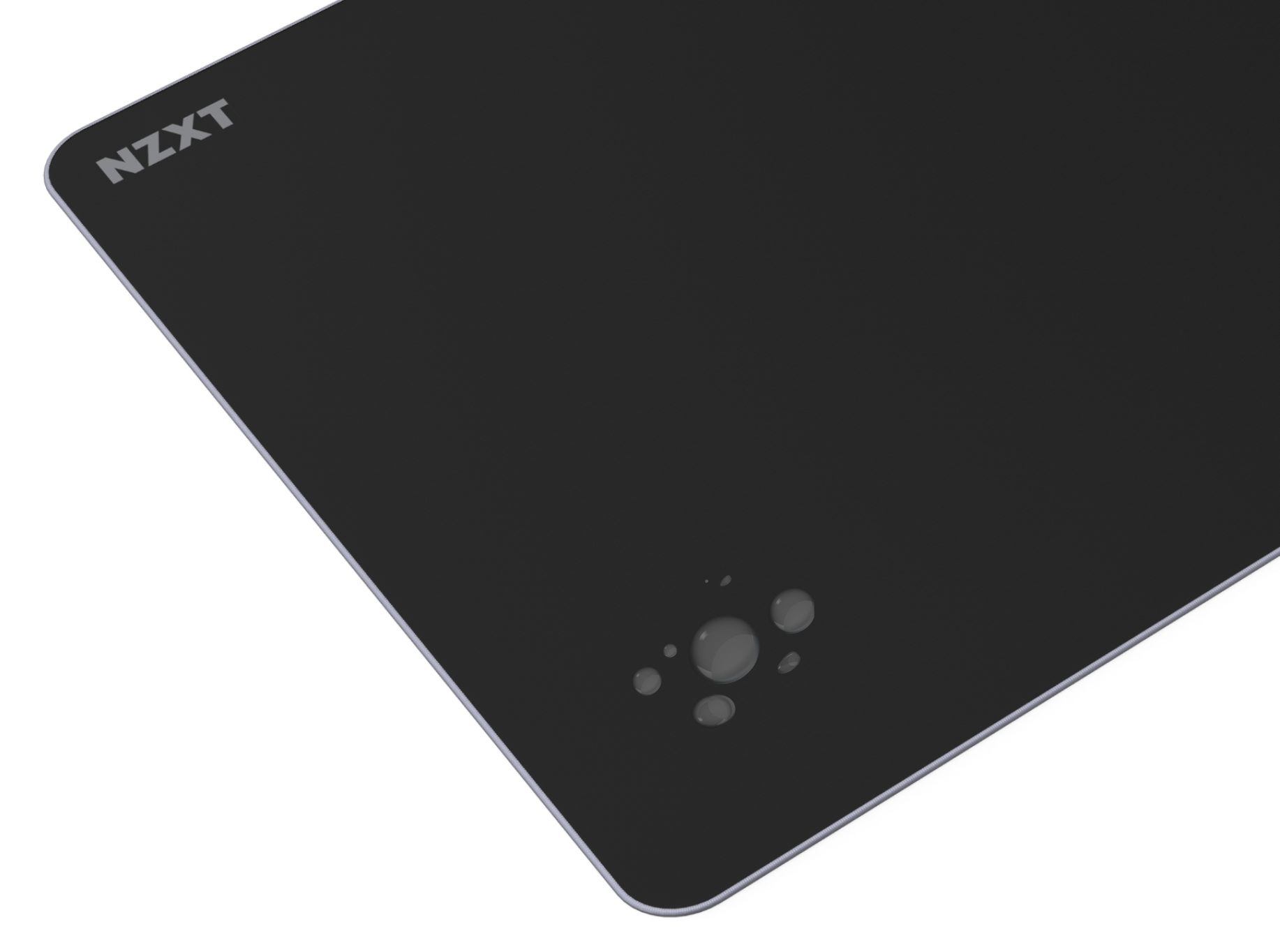 A black rectangular mouse pad with the NZXT logo in white on the top left corner and a cluster of small, light circular spots on the lower right corner.