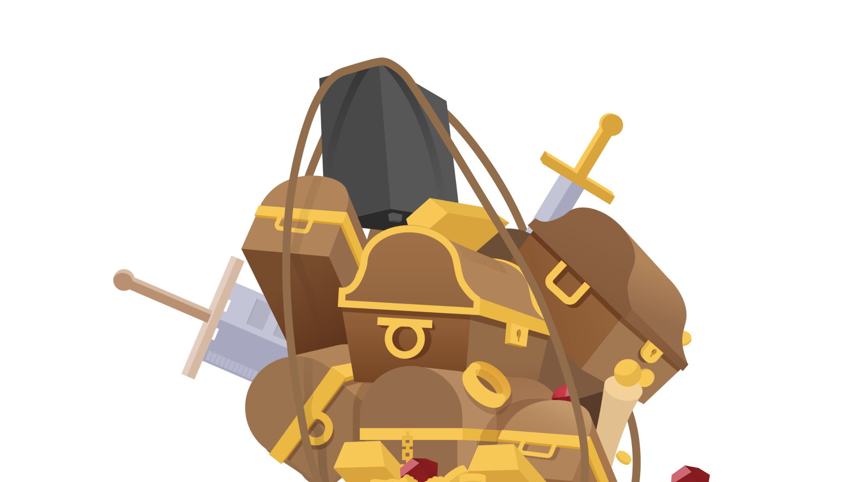 A pile of treasure chests filled with gold coins, jewelry, and gems, surrounded by several swords and other valuables.