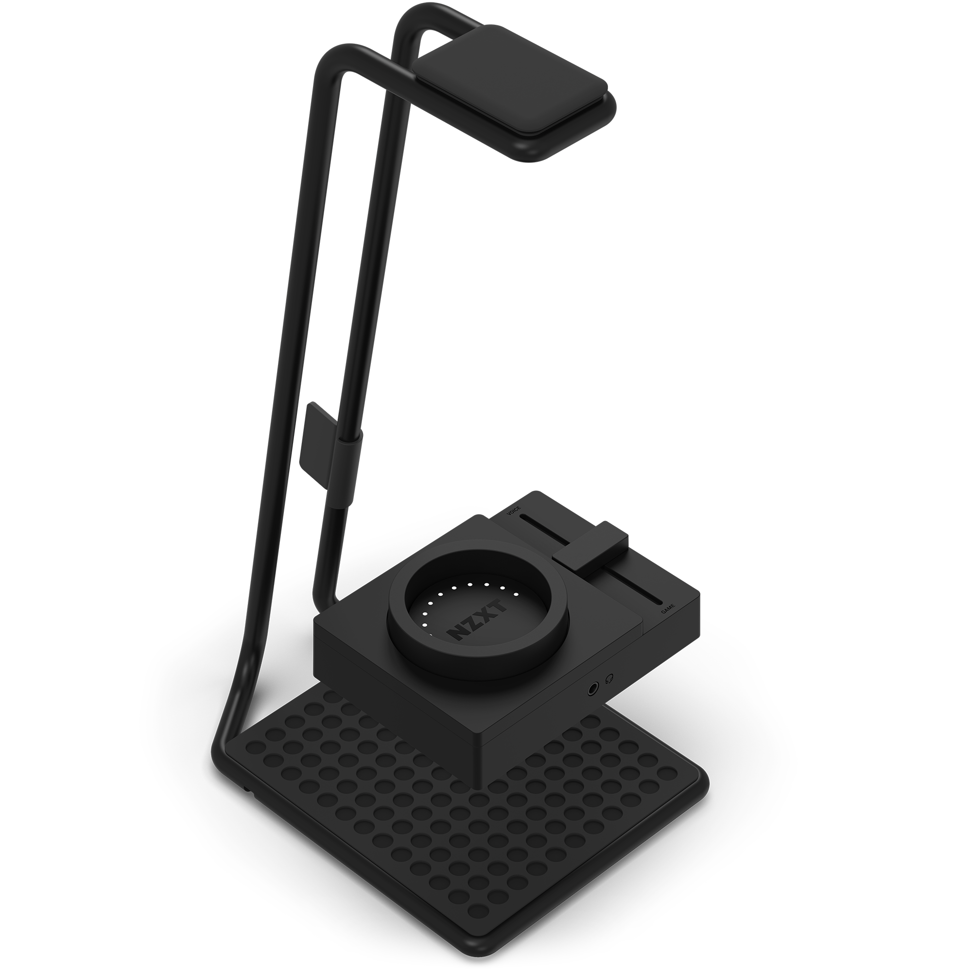 The NZXT Relay Headset + SwitchMix is a sleek black desk accessory stand featuring a wireless charging pad, a high-resolution audio headset holder labeled NZXT, and slots for organizing small items—all on a textured base.