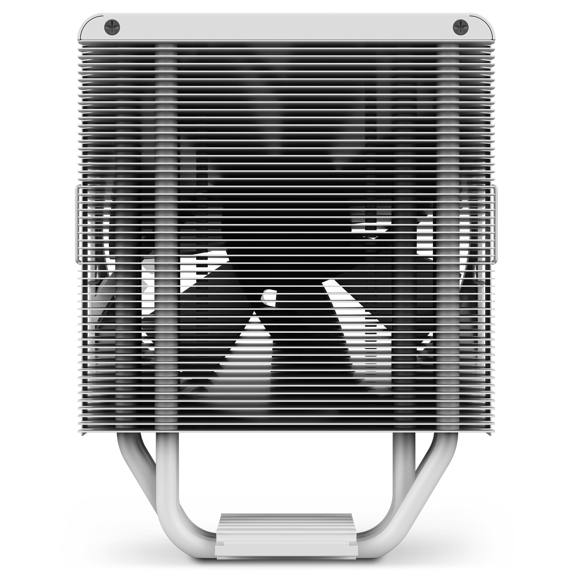 Front view of the NZXT T120 metal air cooler CPU featuring visible cooling fins, fan blades behind a metal grid, and two heat pipes extending downward for improved thermal performance.