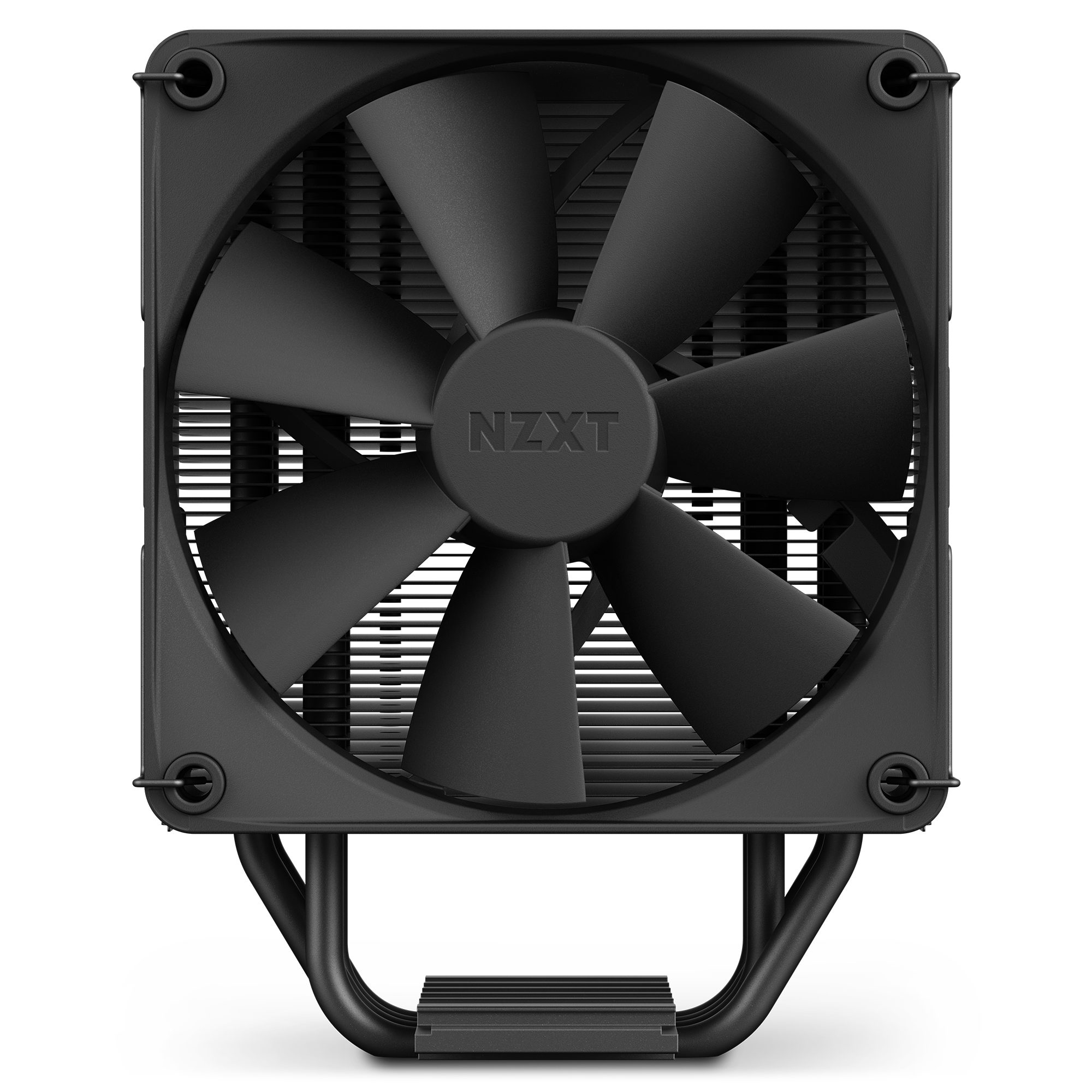 The NZXT T120 is a black, seven-blade computer cooling fan in a square frame, designed to boost thermal performance. Displayed from the front, it features NZXT branding and is set against a black background.