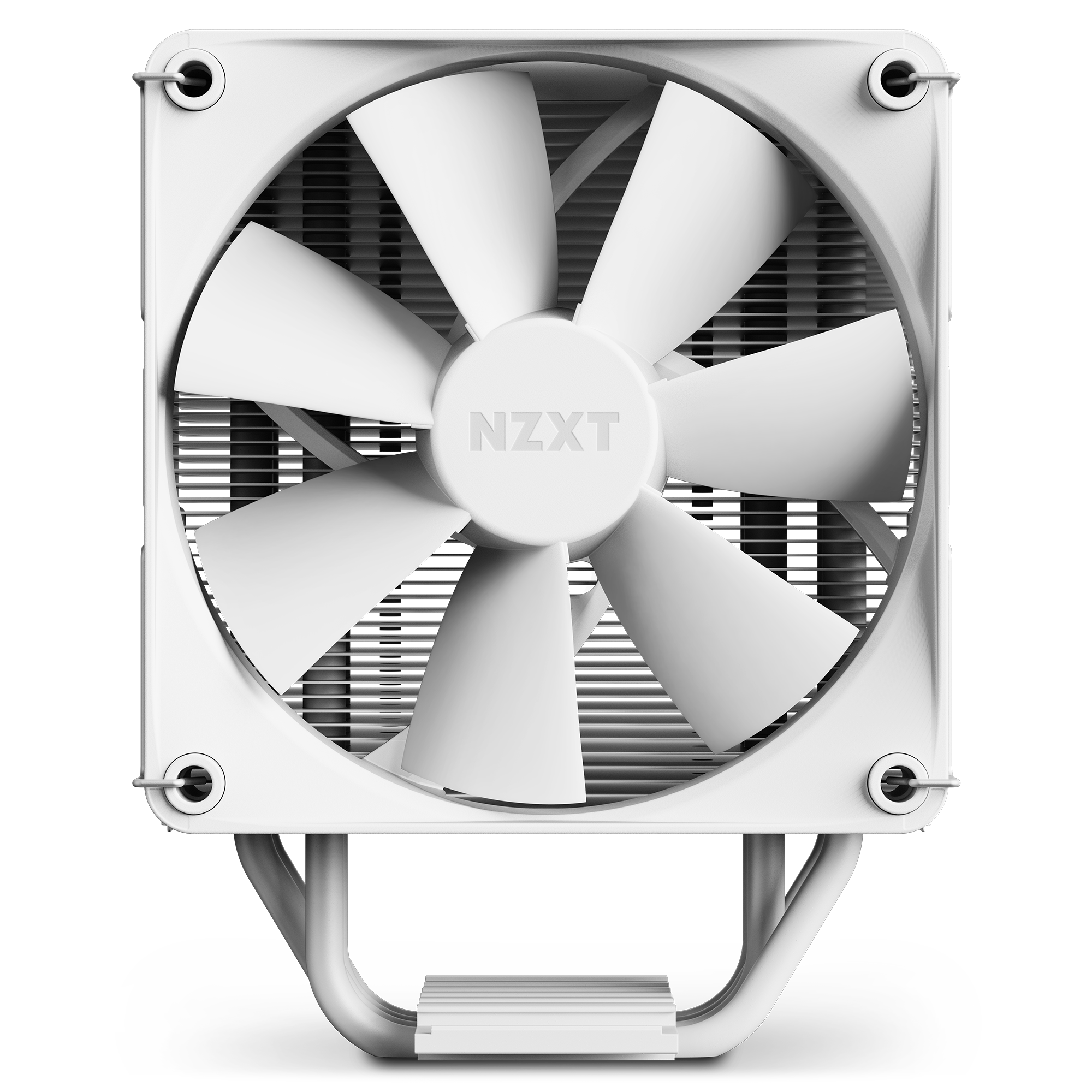 The NZXT T120 air cooler, shown from the front, features a white design with large fan blades, a square frame with rounded corners, and a visible metal heat pipe at the bottom for enhanced thermal performance.