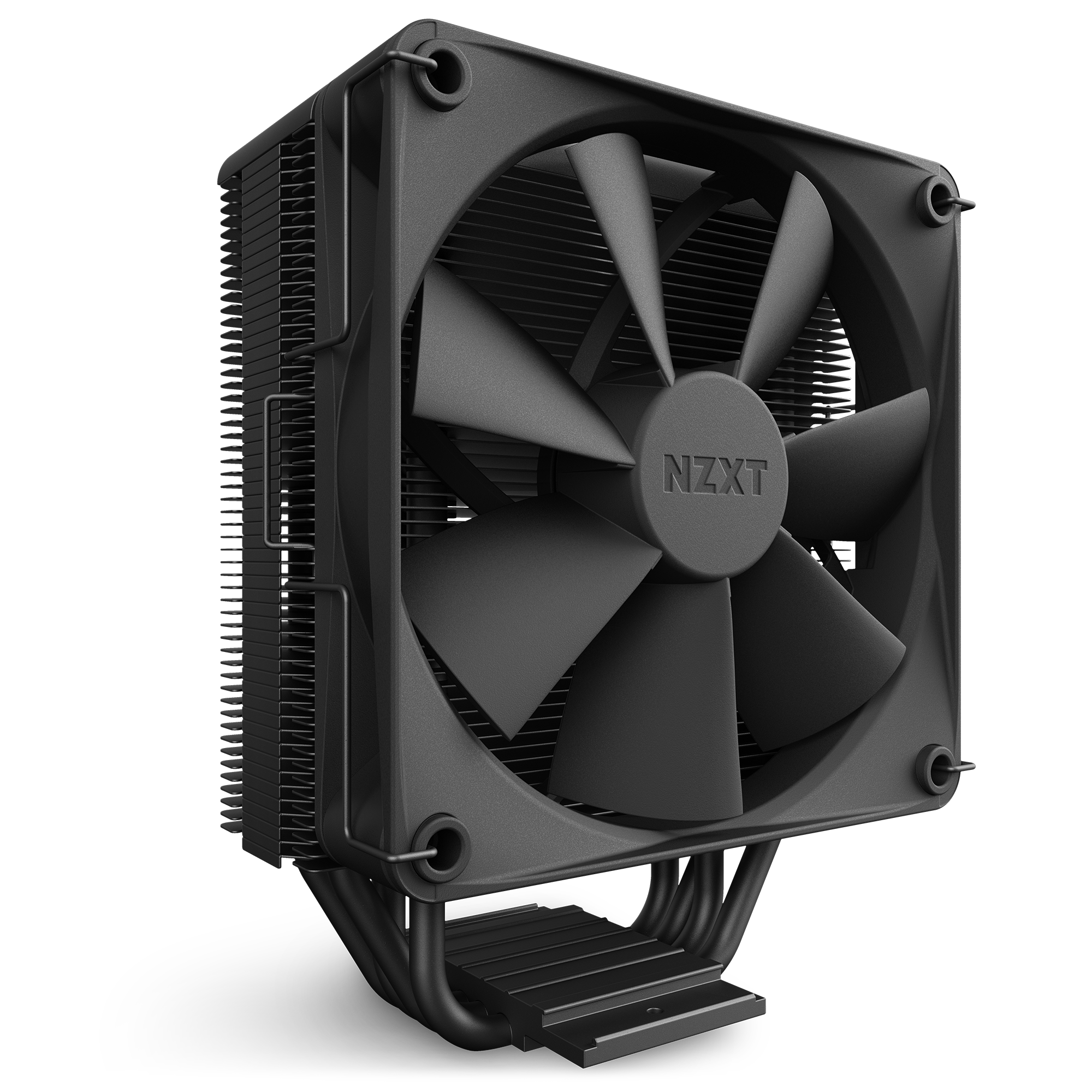 The NZXT T120 is a black CPU air cooler with a large central fan and heat sink fins, displaying NZXT branding. Photographed against a black background, it delivers excellent thermal performance.