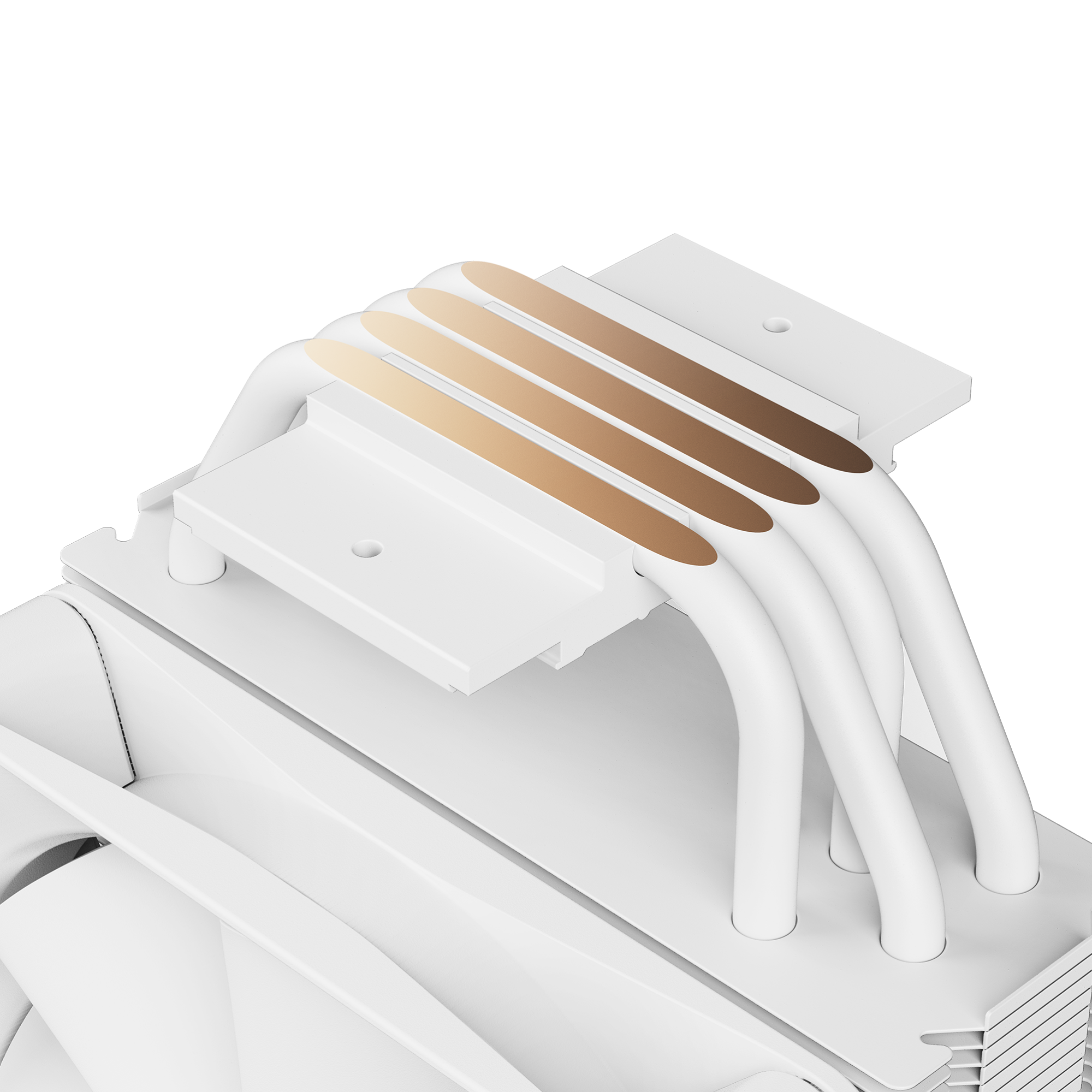 A close-up of the NZXT T120 white air cooler CPU, showcasing four heat pipes with copper-colored Direct Contact surfaces, set against a black background.
