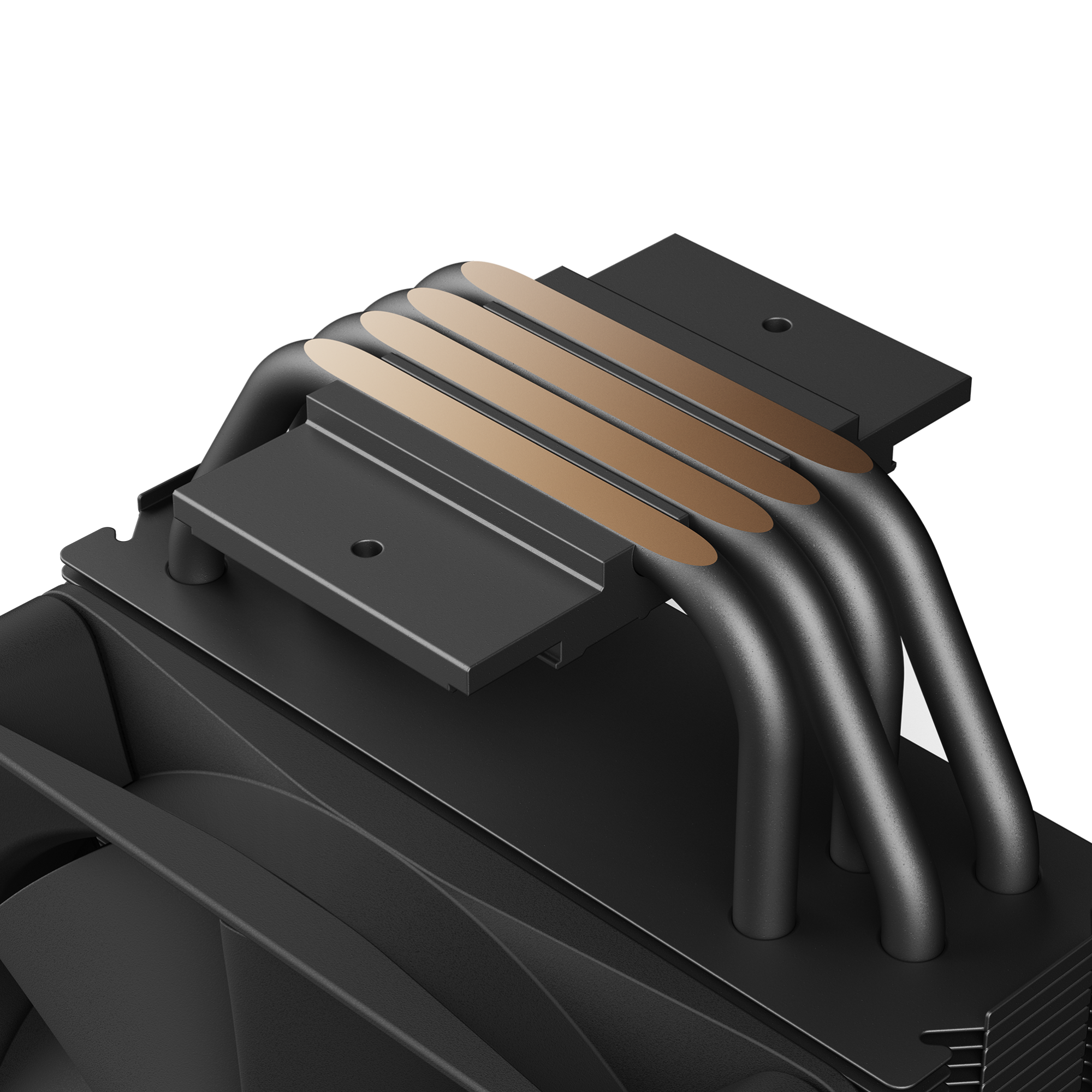 Close-up of the NZXT T120 black air cooler CPU with four exposed copper heat pipes using Direct Contact technology and a fan, set against a black background.