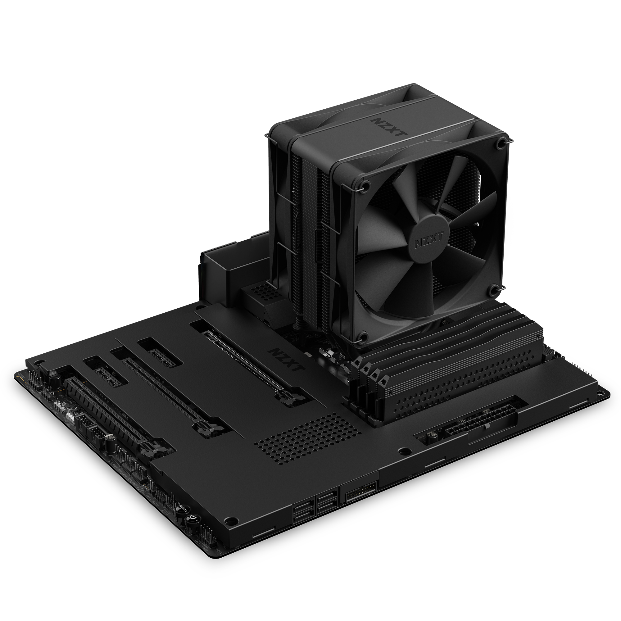 A black NZXT T120 computer motherboard with an NZXT air cooler featuring Direct Contact technology, four RAM sticks, and multiple input/output ports, displayed on a black background.