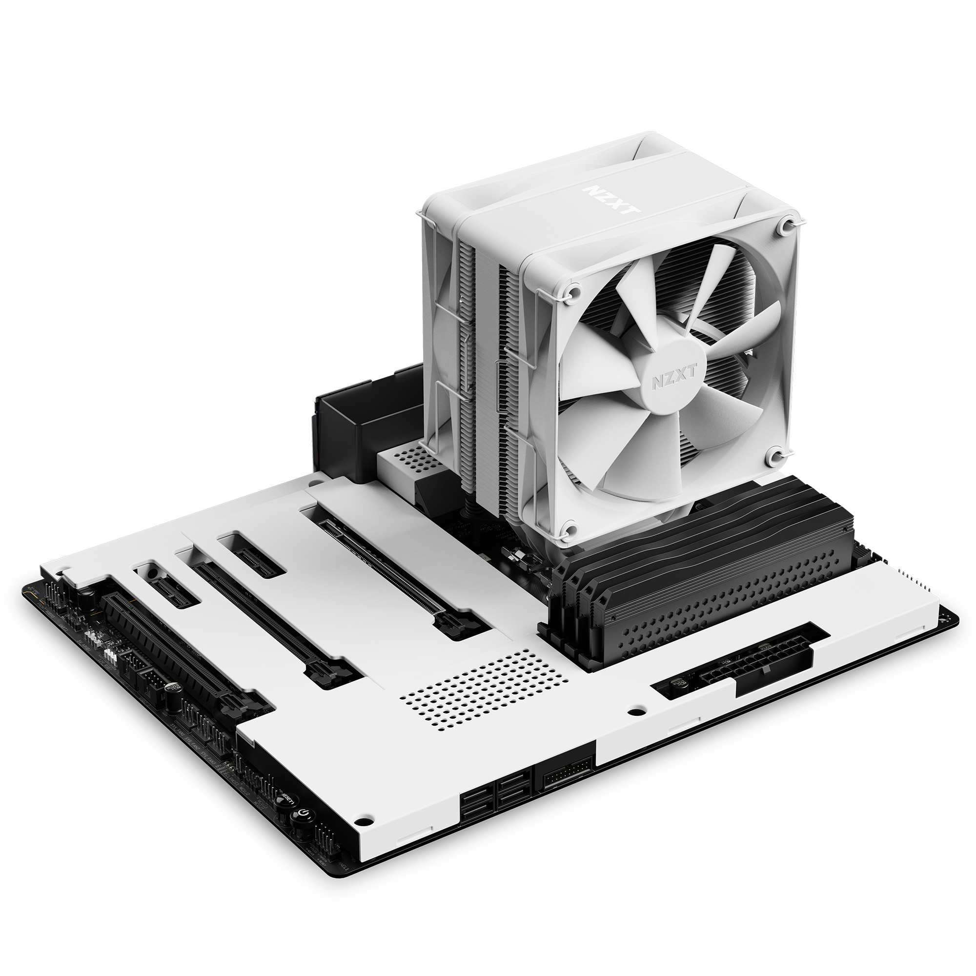 The NZXT T120, a white air cooler with a large NZXT fan, is mounted on a matching white motherboard with black RAM and slots. It features Direct Contact technology for improved cooling, all shown on a transparent background.