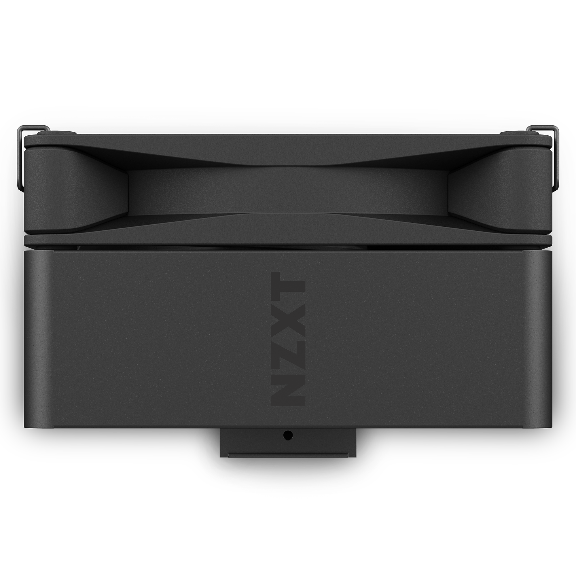 A side view of the NZXT T120 computer cooling fan shows the NZXT logo at the center and fan blades within a rectangular housing, engineered for optimal thermal performance.