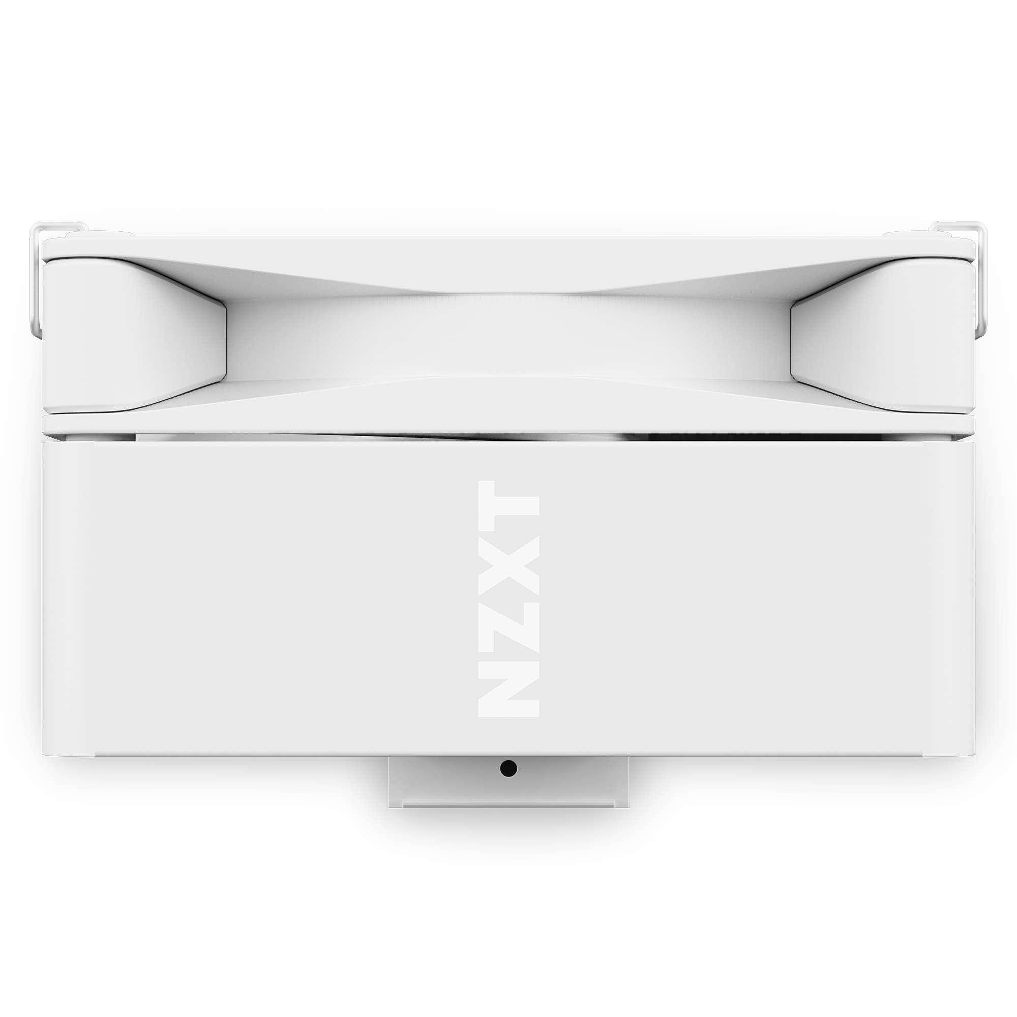 Front view of a white NZXT T120 computer case fan with a sleek, minimalist design. Features the NZXT logo vertically on the center panel and visible fan blades and grill to enhance thermal performance for efficient cooling.