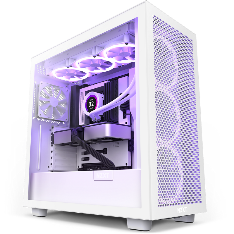 The NZXT H7 Flow (2022) is a white mid-tower case featuring a mesh front panel, clear side window, internal RGB-lit fans, a liquid CPU cooler displaying 32, and neat components with purple lighting for optimal cooling.