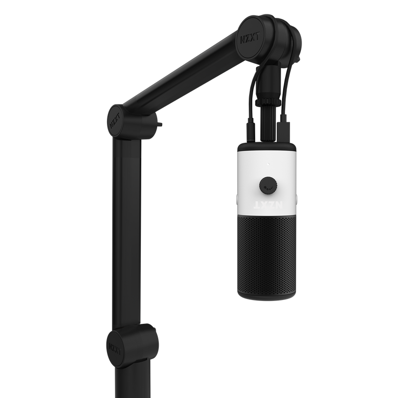 A black and white NZXT microphone is mounted on the NZXT Boom Arm Mini, a black foldable arm with concealed cable management, positioned vertically against a white background.