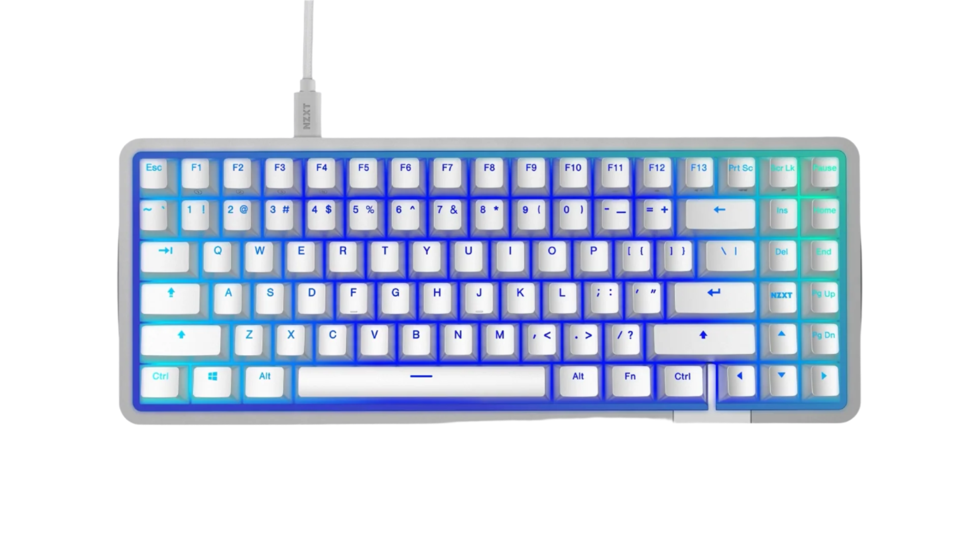 A compact white mechanical keyboard with blue backlighting, featuring a standard layout, function keys, arrow keys, and a connected white USB cable.