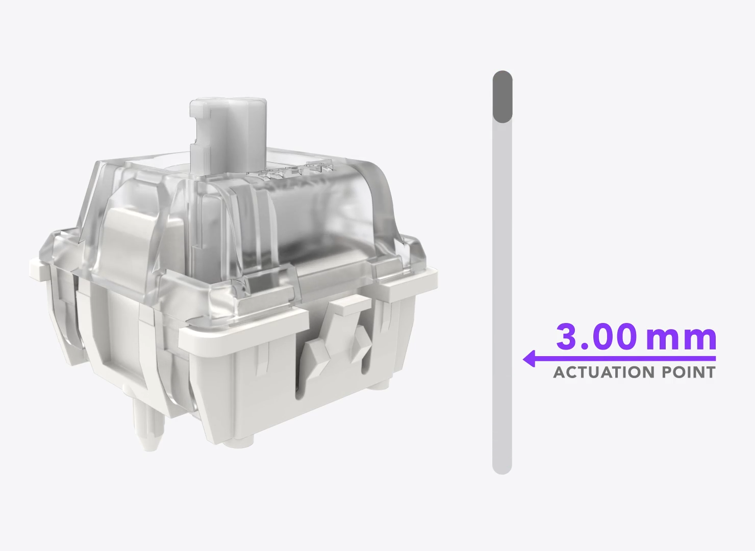 A transparent mechanical keyboard switch is shown next to a vertical line marking an actuation point at 3.00 mm, highlighted in purple text.