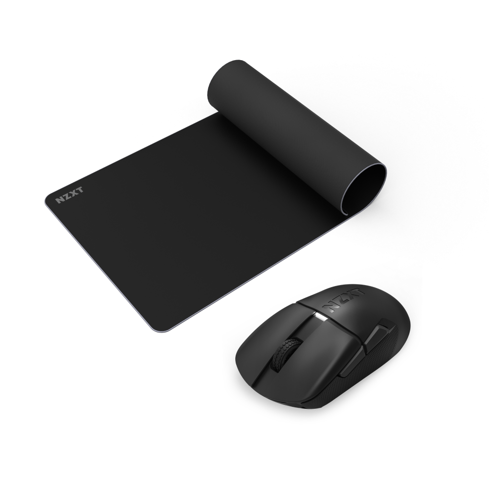 An NZXT Lift Elite wireless mouse with an ultra-light design sits next to a partially rolled-up NZXT Zone Elite XXL black mouse pad, both displayed on a white background.