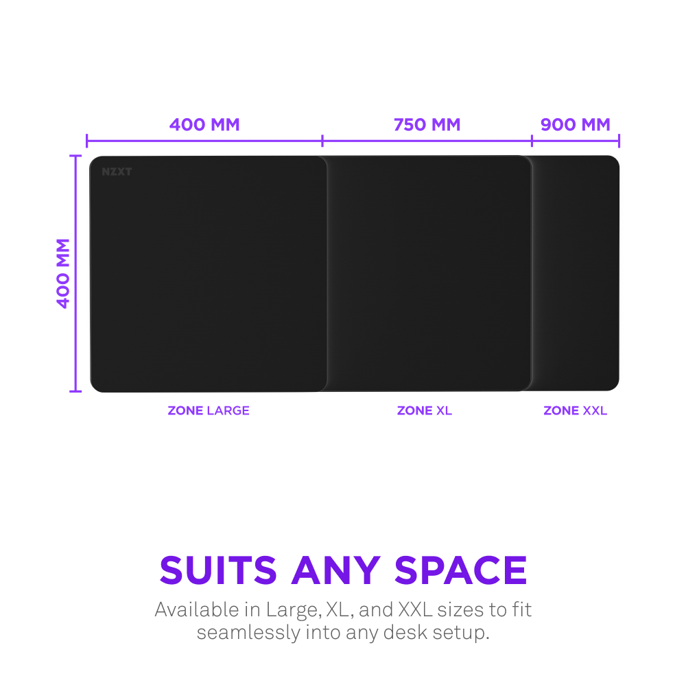The NZXT Zone 2XL mousepad is shown with other sizes, all black with dimensions above. Text below reads: Suits any space. Features a spill-resistant coating and a smooth micro-weave cloth surface.