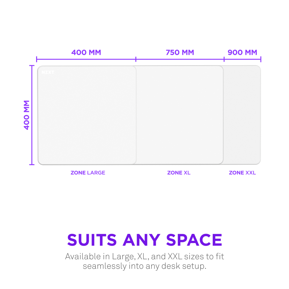 The NZXT Zone 2XL mousepad features a rectangular white design with labeled dimensions, a micro-weave cloth surface, and text noting it fits any desk size—available in Large (400x400mm), XL (750x400mm), and XXL (900x400mm) zones.