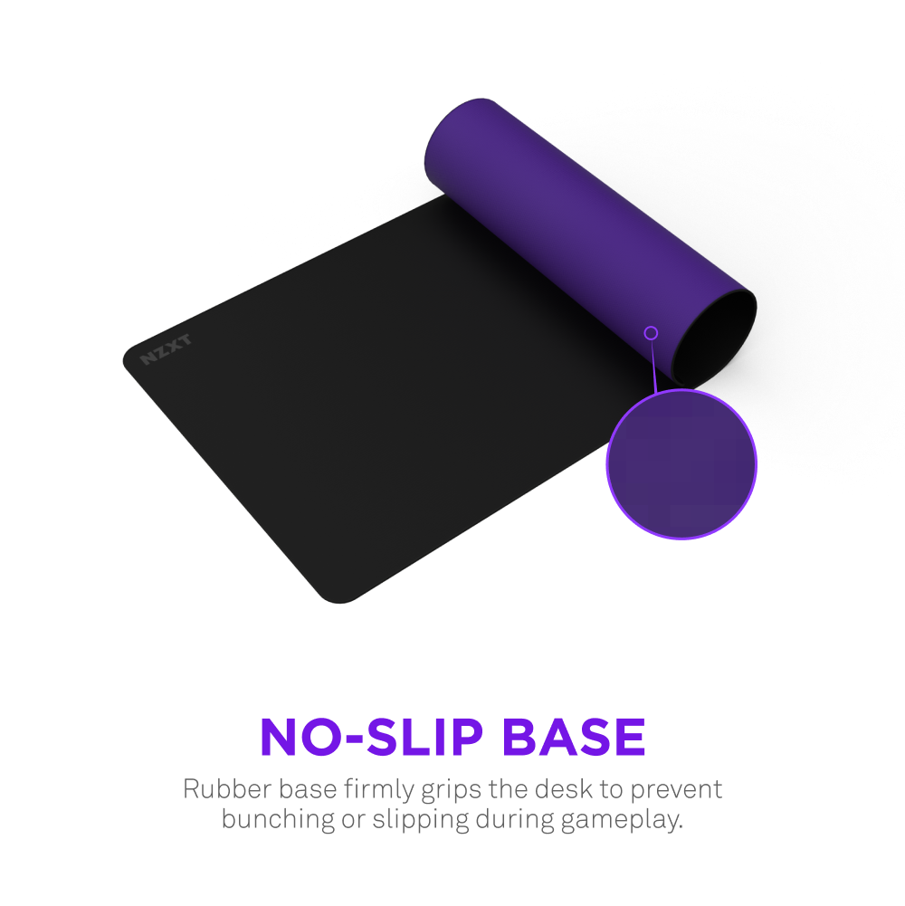 A black and purple NZXT Zone 2XL mousepad is partially rolled up, revealing its no-slip rubber base that grips your desk to prevent slipping during gameplay, along with a spill-resistant coating for added protection.