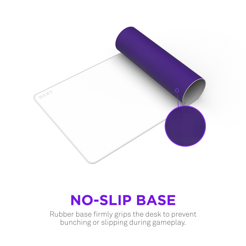 The NZXT Zone 2XL mousepad, shown in white with a purple rolled edge, features a micro-weave cloth surface and textured rubber base. Text reads: NO-SLIP BASE—rubber underside grips your desk to prevent bunching or slipping during gameplay.