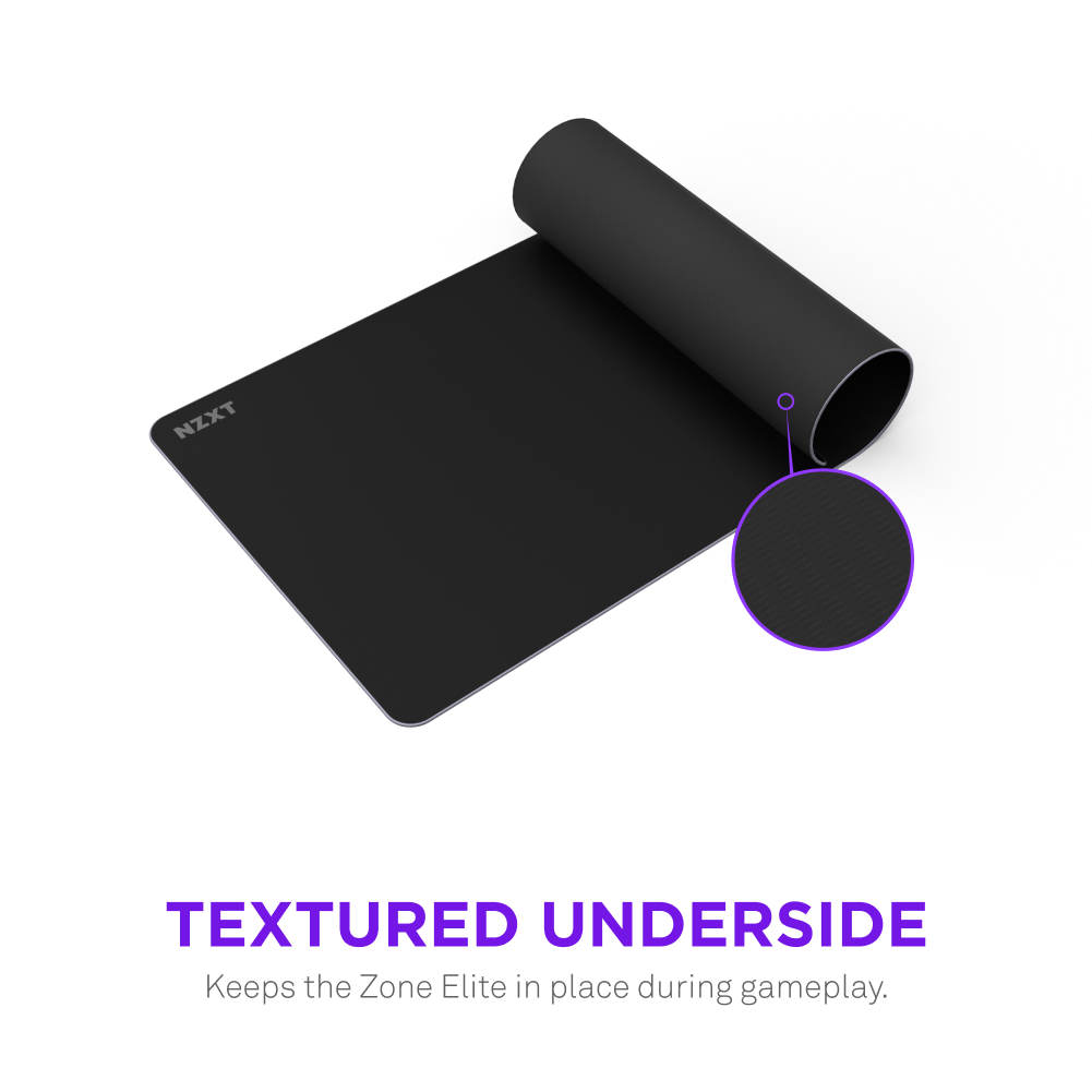 A black rectangular NZXT Zone Elite mouse pad, one corner rolled to show its textured underside, with a circular close-up. Text reads: TEXTURED UNDERSIDE & ULTRA-SMOOTH SURFACE – Keeps the Zone Elite in place during gameplay.