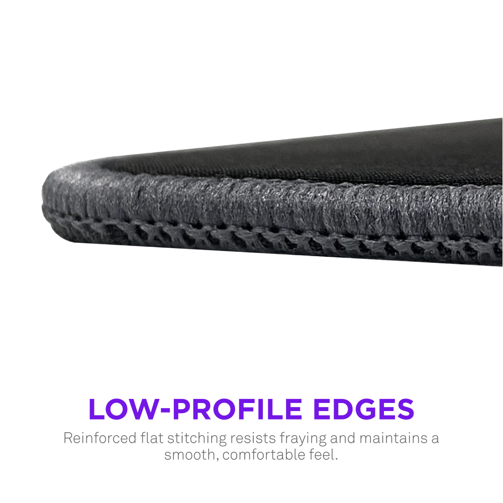 Close-up of a Zone Elite fabric edge with low-profile, reinforced flat seams. Text: Zone Elite by NZXT—low-profile edges and sturdy stitching resist fraying for long-lasting, ultra-smooth comfort. Black background; purple and white text.