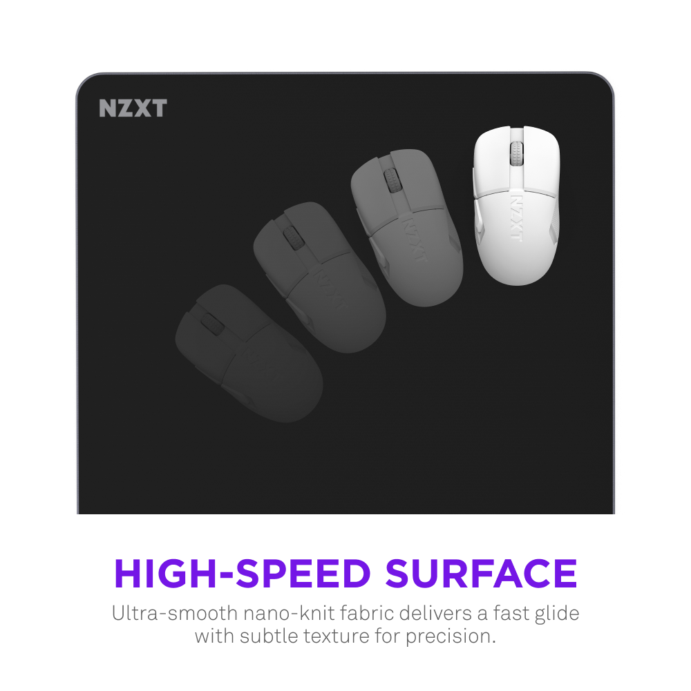 A white NZXT Zone Elite mouse glides over a black pad, leaving three faded trails. Text below reads: HIGH-SPEED SURFACE. Ultra-smooth nano-knit fabric and low-profile stitching enable a fast, precise glide.